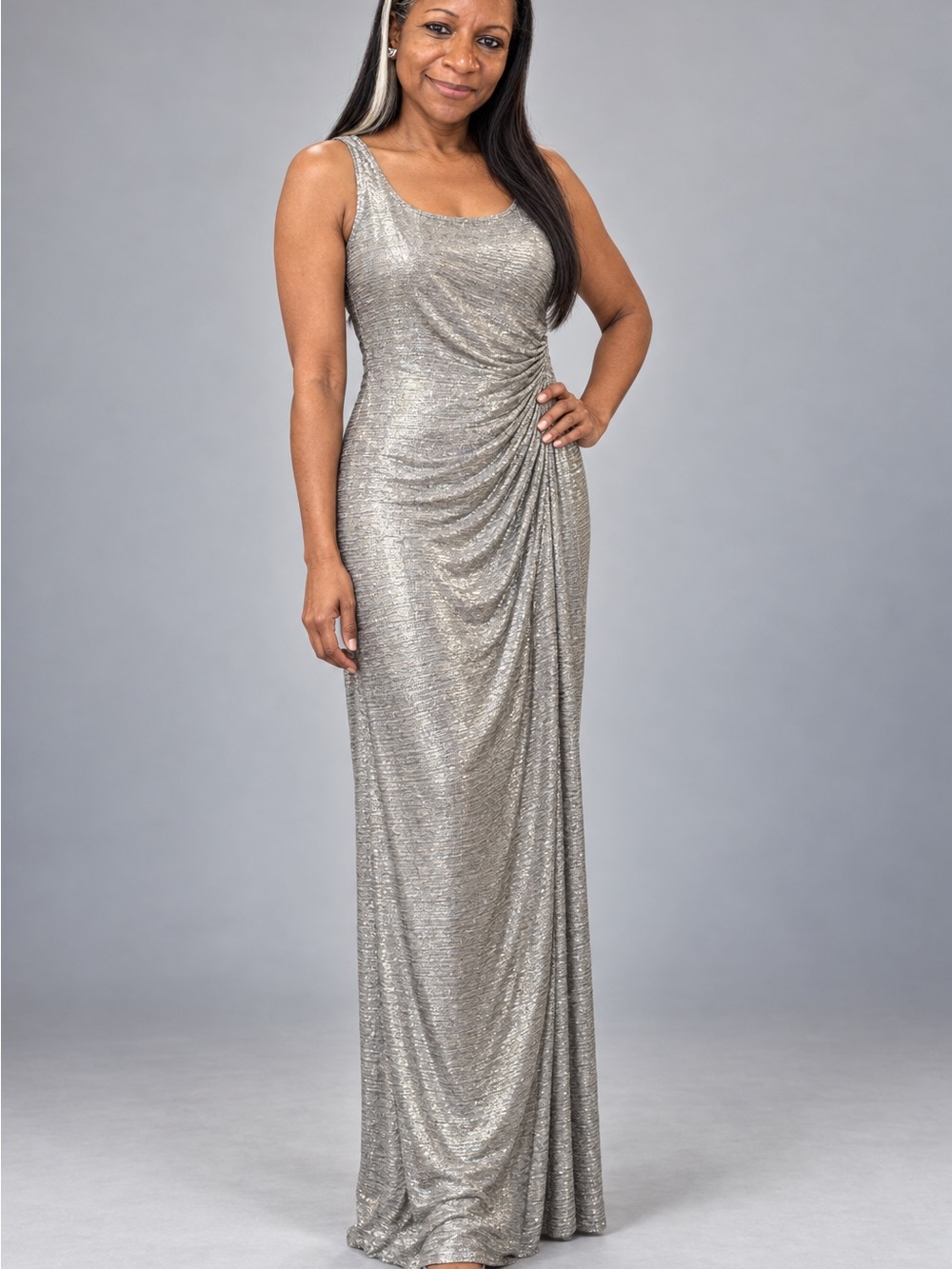 Adrianna Papell Light Gold Foil Textured Sleeveless Maxi Dress